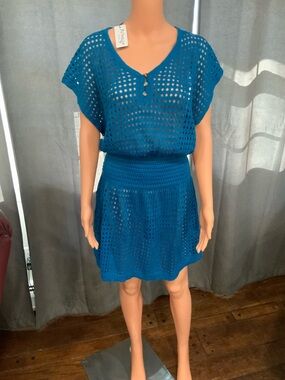 Teal Crochet Mini Dress with Button Detail